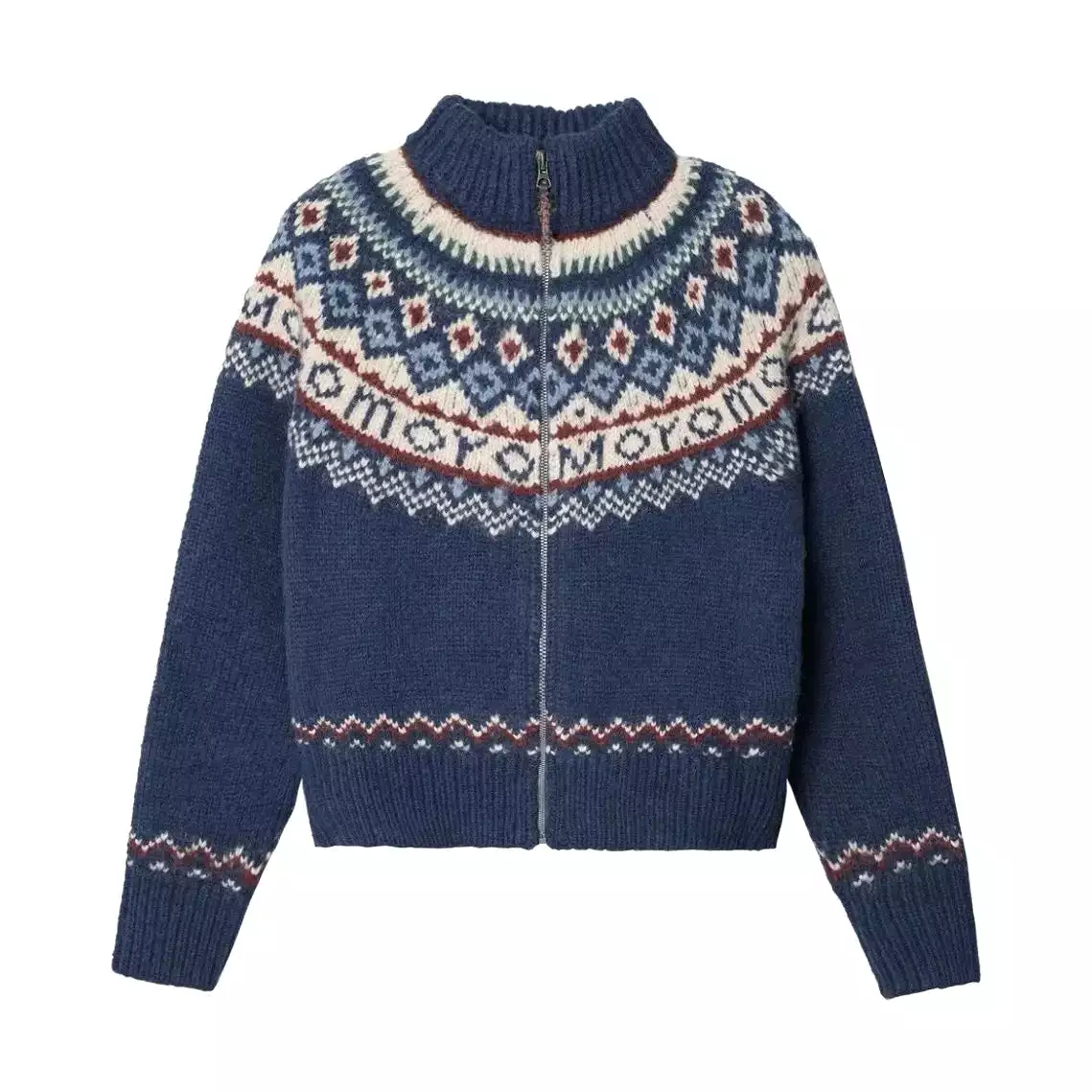 Vintage Zipper Women Cardigan Fair Isle Sweater Half High Collar Long Sleeve Knitwear