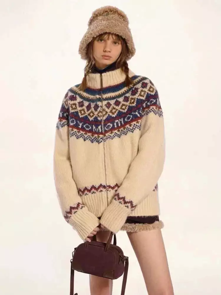 Vintage Zipper Women Cardigan Fair Isle Sweater Half High Collar Long Sleeve Knitwear