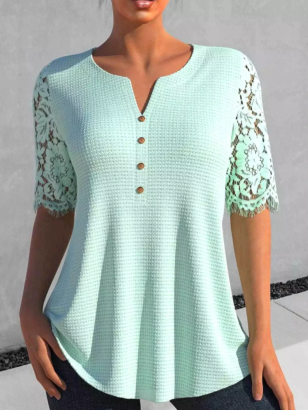 White and Green Lace Detail Short Sleeve Women's Casual Blouse