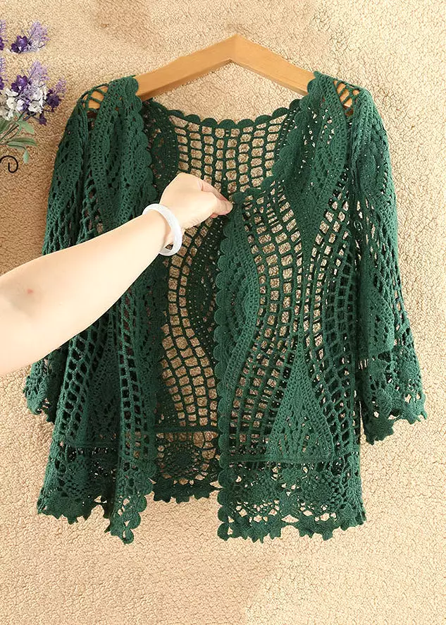 Women Blackish Green Solid Hollow Out Cotton Knit Cardigan Summer AS1029