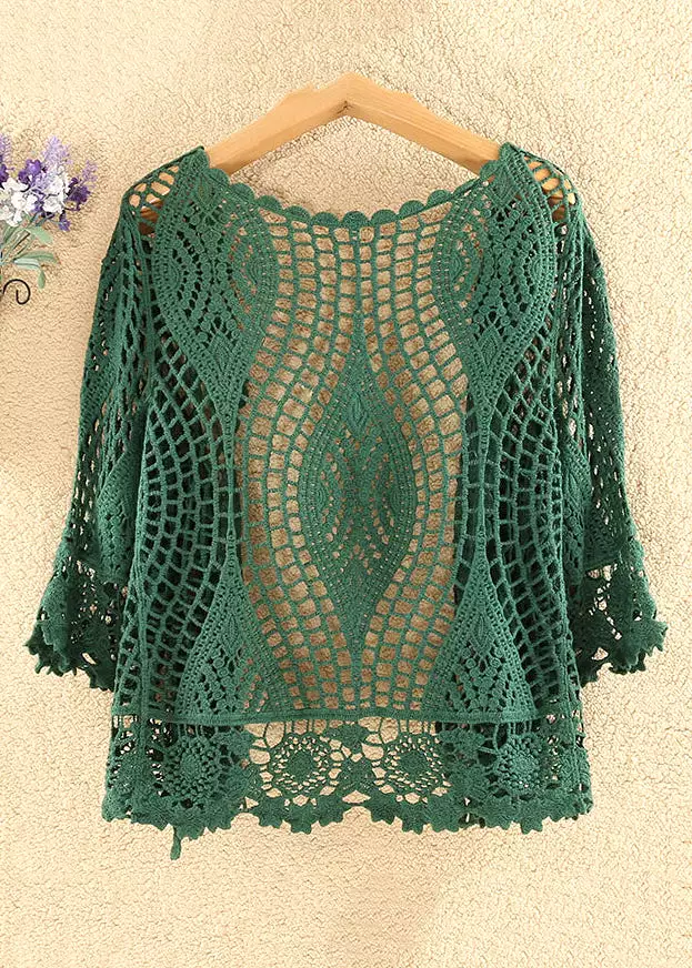 Women Blackish Green Solid Hollow Out Cotton Knit Cardigan Summer AS1029