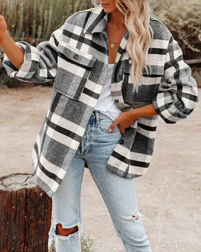 Women's British Style Plaid Pocket Single Breasted Coat Woolen Coat