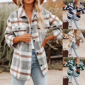 Women's British Style Plaid Pocket Single Breasted Coat Woolen Coat