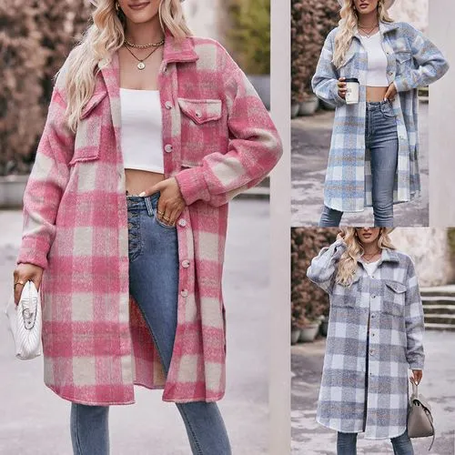 Women's Casual Elegant Plaid Pocket Single Breasted Coat Woolen Coat