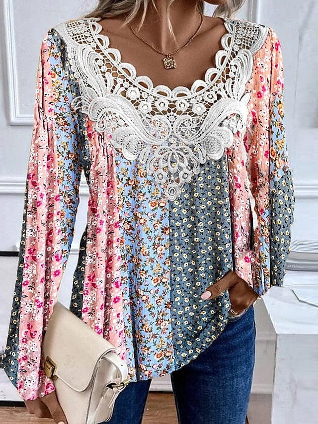 Women's Floral Print Lace Patchwork Long Sleeve Blouse