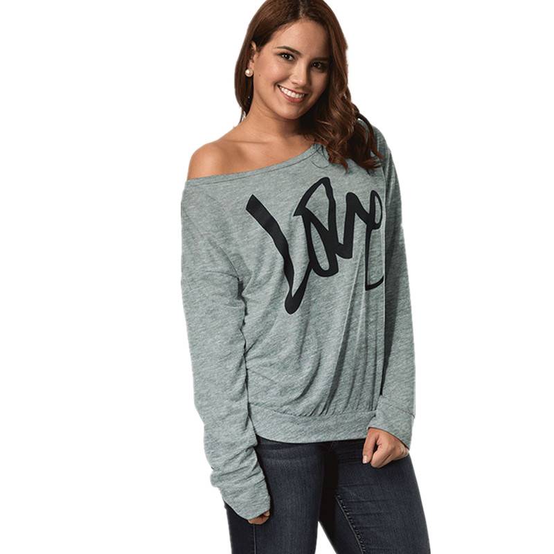 Women's Letter Love Print Sexy Off Shoulder Long Sleeve Tops