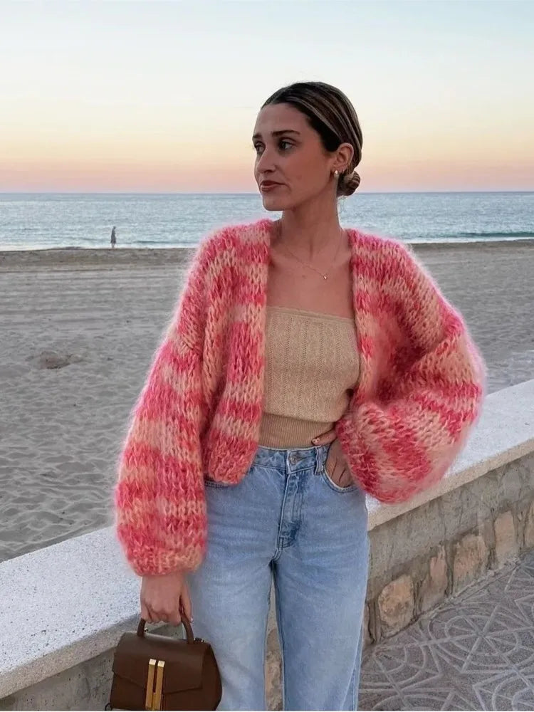 Women's Pink Plush Mohair Stripe Print Knit Cardigan