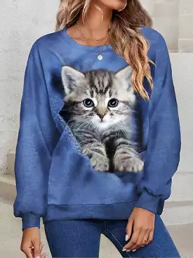 Women's Plus Size Cat Print Sweatshirt with Round Neck