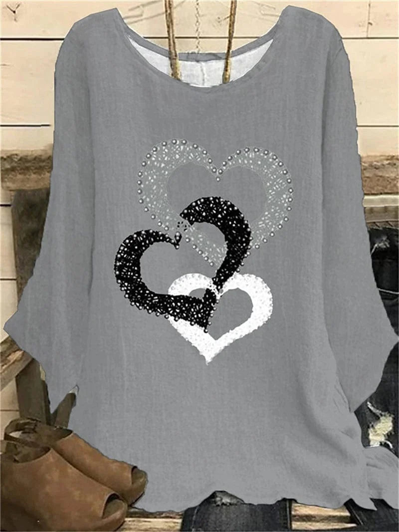 Women's Plus Size Heart Print Blouse with Long Sleeves