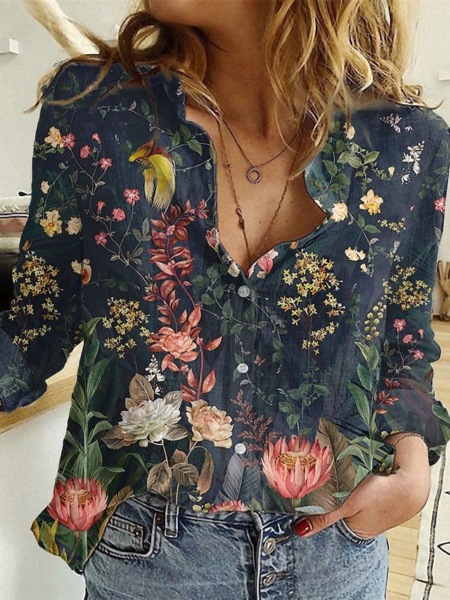 Women's Vintage Floral Print Long Sleeve Blouse