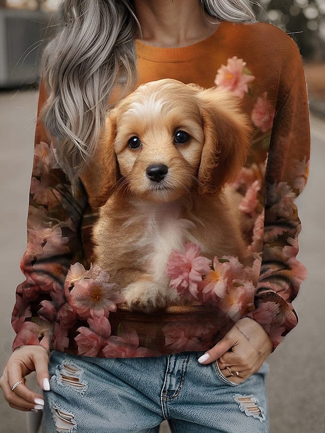 Yellow, Orange, and Brown Dog Print Women's Sweatshirt Pullover for Active Sports