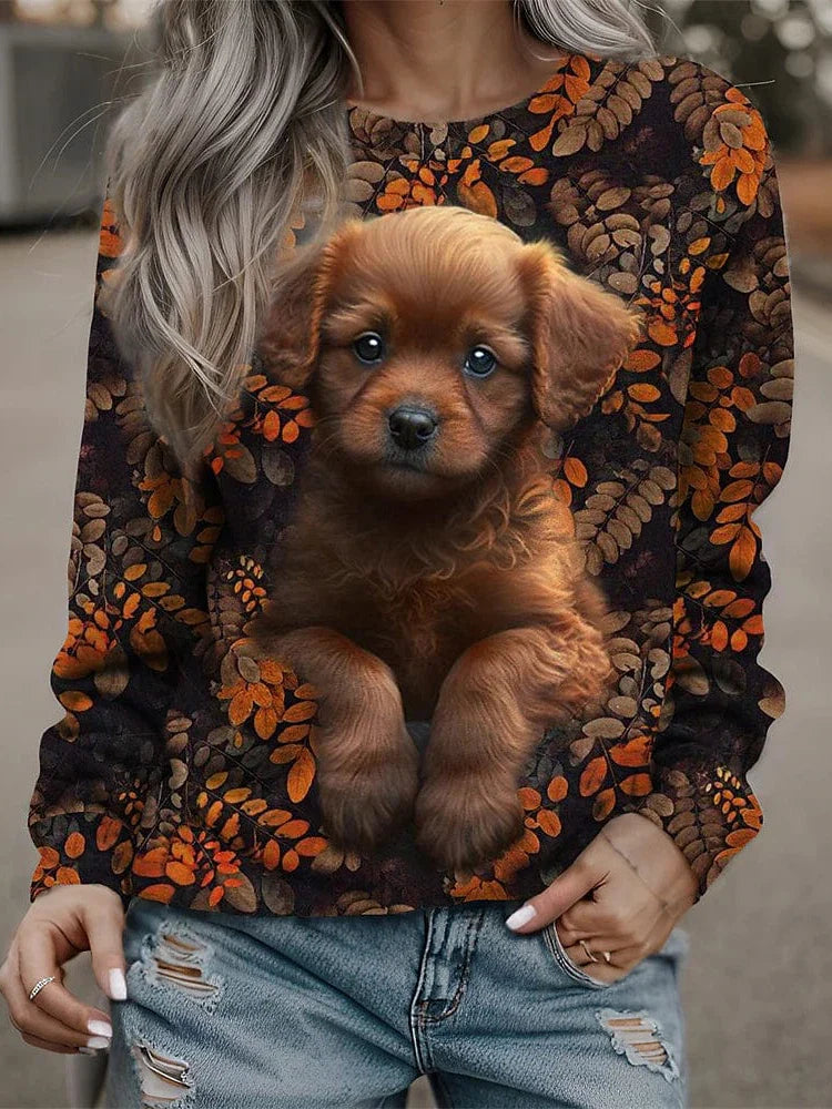 Yellow, Orange, and Brown Dog Print Women's Sweatshirt Pullover for Active Sports