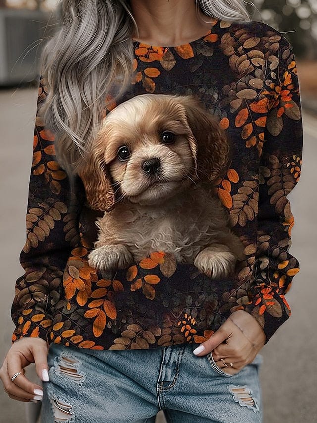 Yellow, Orange, and Brown Dog Print Women's Sweatshirt Pullover for Active Sports