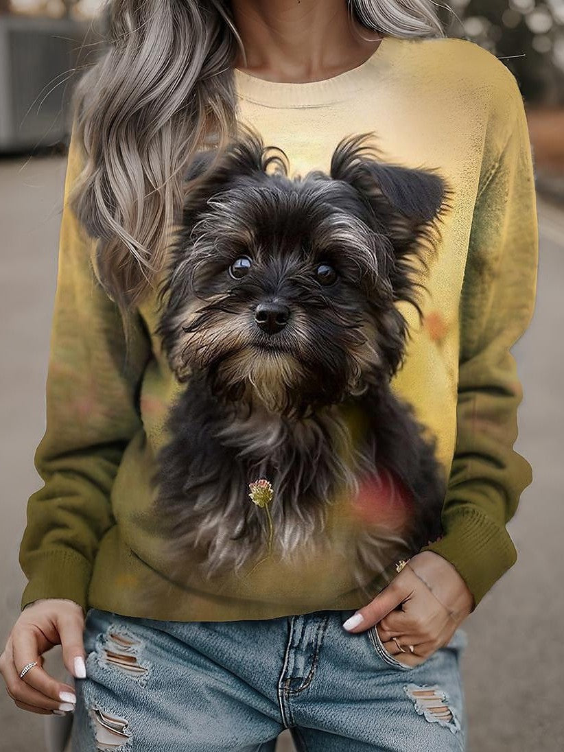 Yellow, Orange, and Brown Dog Print Women's Sweatshirt Pullover for Active Sports