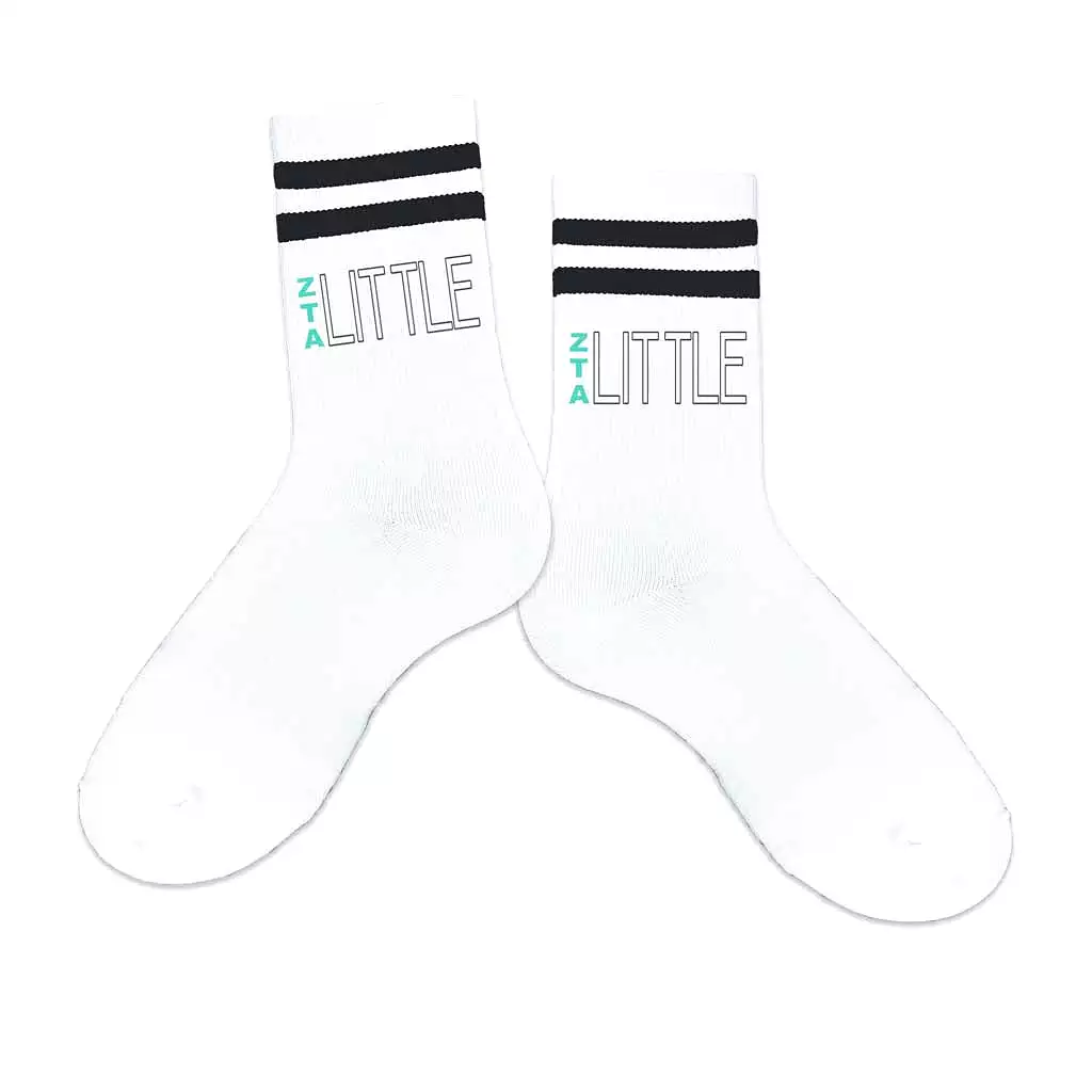 Zeta Tau Alpha Sorority Socks for your Big and Little with Greek Letters on Striped Cotton Crew Socks