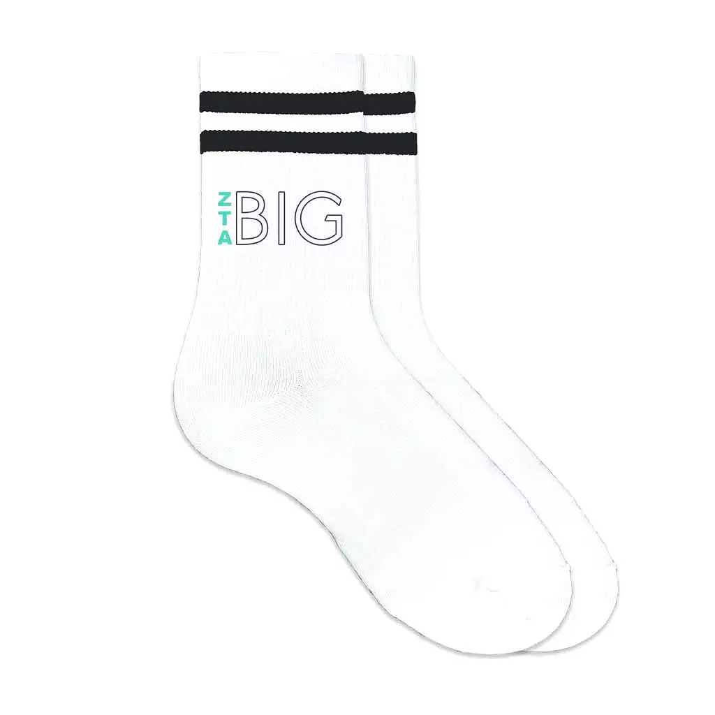 Zeta Tau Alpha Sorority Socks for your Big and Little with Greek Letters on Striped Cotton Crew Socks