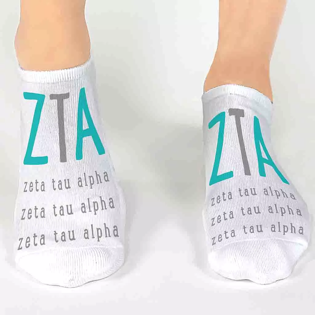 Zeta Tau Alpha Sorority Socks with Large Greek Letters, Printed on No Show Socks