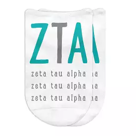 Zeta Tau Alpha Sorority Socks with Large Greek Letters, Printed on No Show Socks